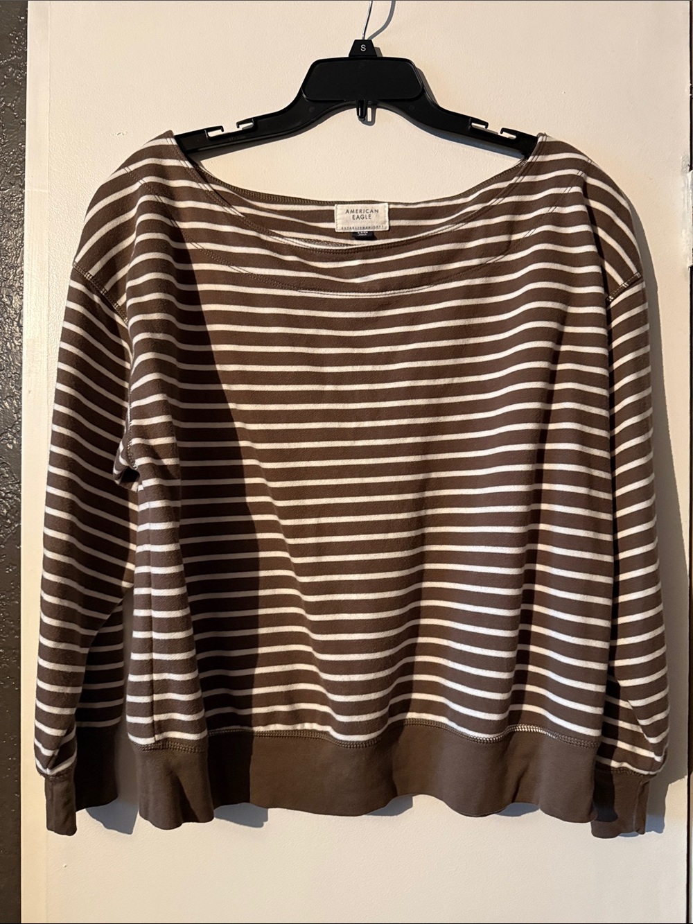 American Eagle Outfitters Brown & White Striped Long-Sleeve Boatneck Sweatshirt